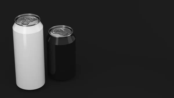 Grande Bianco Piccolo Nero Lattine Alluminio Soda Mockup Sfondo Nero — Foto Stock