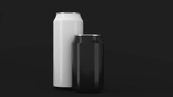Grote Witte Kleine Zwarte Aluminium Soda Blikjes Mockup Zwarte Achtergrond — Stockfoto
