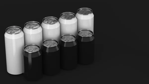 Małych Dużych Czarno Białe Soda Puszek Stojących Dwóch Raws Czarnym — Zdjęcie stockowe