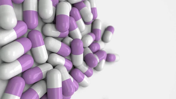 一堆白色和紫色的药物胶囊在白色的背景 医疗或药学的概念 渲染插图 — 图库照片