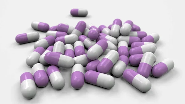 一堆白色和紫色的药物胶囊在白色的背景 医疗或药学的概念 渲染插图 — 图库照片