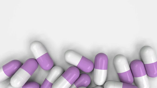 Montón Cápsulas Medicina Blanca Púrpura Sobre Fondo Blanco Concepto Médico — Foto de Stock