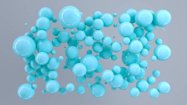 Beyaz arka plan üzerinde rastgele büyüklükteki mavi küre. Arka plan daire ile. Bulut çevrelerin duvar önünde. 3D render illüstrasyon