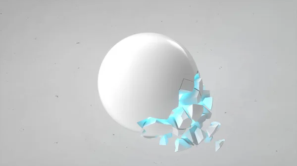 白色背景下的白色球体 里面有蓝色的辉光和掉落的碎片 破坏的概念 抽象3D 渲染插图 — 图库照片