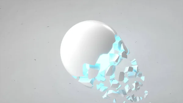 白色背景下的白色球体 里面有蓝色的辉光和掉落的碎片 破坏的概念 抽象3D 渲染插图 — 图库照片