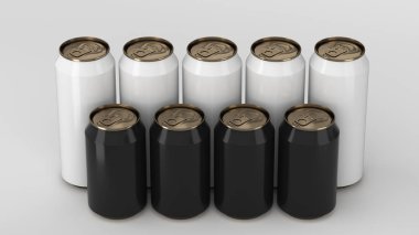 Büyük ve küçük siyah beyaz gazoz ayakta beyaz arka plan üzerinde iki raws kutular. İçecek mockup. Bira veya içecek teneke paketi. 3D render illüstrasyon