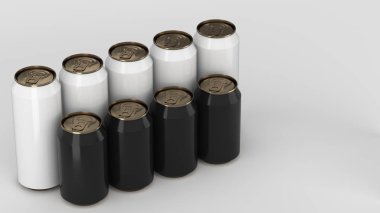 Büyük ve küçük siyah beyaz gazoz ayakta beyaz arka plan üzerinde iki raws kutular. İçecek mockup. Bira veya içecek teneke paketi. 3D render illüstrasyon