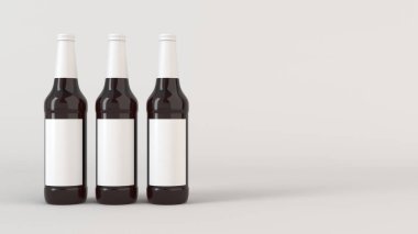 Kadar üç uzun kahverengi bira şişe 0,5 l beyaz arka plan beyaz boş etiketlerle ilgili alay et. Tasarım veya marka şablonu. 3D render illüstrasyon