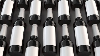 Uzun kahverengi bira şişeleri 0,5 l beyaz arka plan beyaz boş etiketlerle satırlarının. Tasarım veya marka şablonu. 3D render illüstrasyon