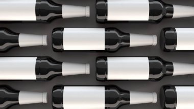 Uzun kahverengi bira şişeleri 0,5 l beyaz arka plan beyaz boş etiketlerle satırlarının. Tasarım veya marka şablonu. 3D render illüstrasyon