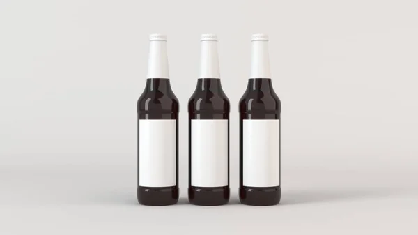 Finto Tre Bottiglie Birra Marrone Alto Con Etichette Bianche Vuote — Foto Stock