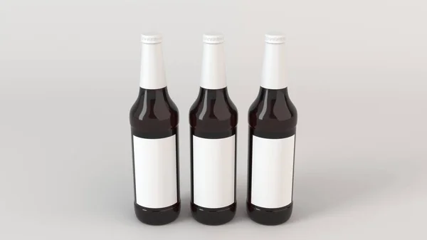 Χλευάσουμε Επάνω Τρία Μπουκάλια Ψηλό Μαύρη Μπύρα Κενό Λευκές Ετικέτες — Φωτογραφία Αρχείου