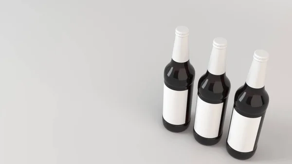三只高大的棕色啤酒瓶的模拟 白色背景空白白色标签0 设计或品牌模板 渲染插图 — 图库照片