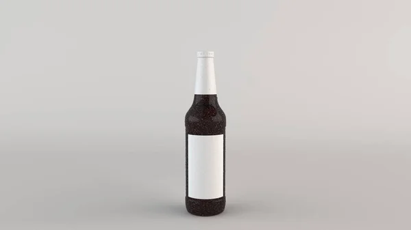Макет Пляшки Високим Коричневим Пивом Порожньою Білою Етикеткою Конденсату Білому — стокове фото