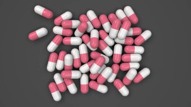 Siyah arka plan üzerine beyaz ve kırmızı ilaç kapsül yığını. Tıp, sağlık veya eczane konsepti. 3D render illüstrasyon
