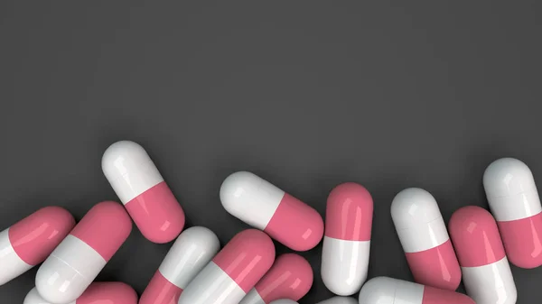 Pile of white and red medicine capsules on black background. Medical, healthcare or pharmacy concept. 3D rendering illustration