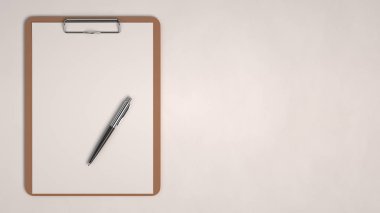 Ahşap Pano Teknik İnceleme ve beyaz arka plan üzerinde izole otomatik tükenmez kalem ile. Boş kağıt mockup. 3D render illüstrasyon.