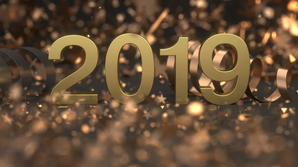 Altın 2019 konfeti ve serpantin siyah arka plan üzerine numara. 2019 yeni yıl işareti. 3D render illüstrasyon