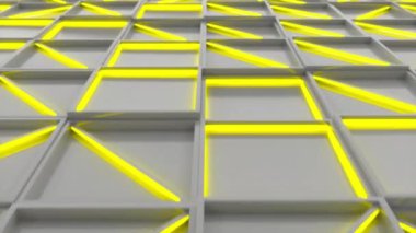 Duvar beyaz dikdörtgen sarı parlak öğelerle döşer. Kare kiremit kılavuz. Arka plan. 3D render