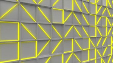 Duvar beyaz dikdörtgen sarı parlak öğelerle döşer. Kare kiremit kılavuz. Arka plan. 3D render