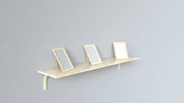 Beyaz duvara karşı ahşap rafta duran üç ahşap beyaz fotoğraf çerçeveleri. Resim ya da fotoğraf mockup. 3D render illüstrasyon