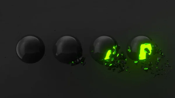 Фрагментована Чорна Сфера Зеленим Світінням Всередині Падаючими Шматочками Чорному Тлі — стокове фото