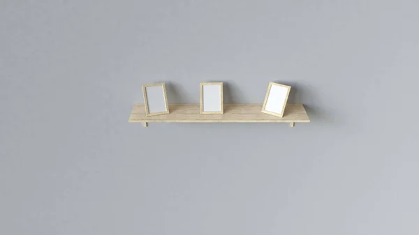 Three Wooden White Photo Frames Standing Wooden Shelf White Wall — Stock Photo, Image