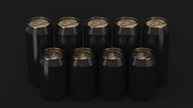 Büyük ve küçük siyah soda siyah arka plan üzerine iki raws ayakta kutular. İçecek mockup. Bira veya içecek teneke paketi. 3D render illüstrasyon