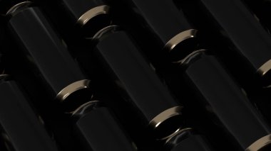 Siyah arka plan üzerine siyah soda Raws kutular. İçecek mockup. Bira veya içecek teneke paketi. 3D render illüstrasyon