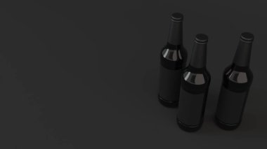 Kadar üç uzun kahverengi bira şişe 0,5 l siyah arka plan üzerine boş siyah etiketlerle ilgili alay et. Tasarım veya marka şablonu. 3D render illüstrasyon