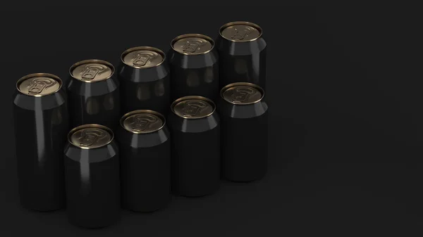 Big and small black soda cans standing in two raws on black background. Beverage mockup. Tin package of beer or drink. 3D rendering illustration