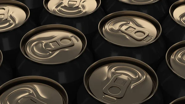 Big black soda cans on black background. Beverage mockup. Tin package of beer or drink. 3D rendering illustration