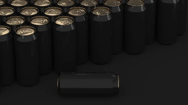 Stora Svarta Läskburkar Svart Bakgrund Dryck Mockup Tin Paketet Eller — Stockfoto