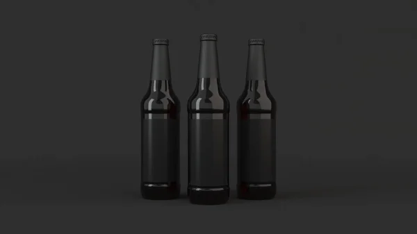 模拟三高棕色啤酒瓶0 黑色背景黑色标签空白 设计或品牌模板 渲染插图 — 图库照片