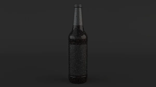 Изображение Высокой Коричневой Бутылки Пива Конденсатом Пустой Черной Этикеткой Черном — стоковое фото