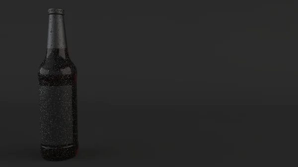 Изображение Высокой Коричневой Бутылки Пива Конденсатом Пустой Черной Этикеткой Черном — стоковое фото