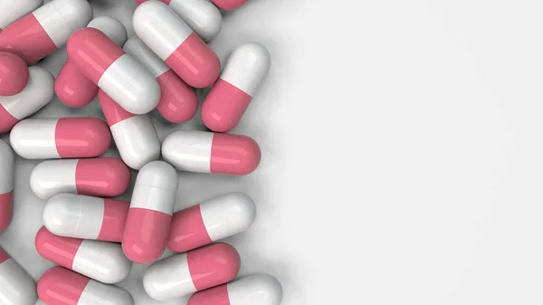 一堆白色和红色药物胶囊白色背景 医疗或药学的概念 渲染插图 — 图库照片