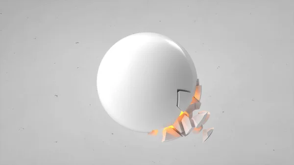 内側のオレンジ色の輝きと白い背景の落下部分と白い球を骨折 破壊の概念 抽象的な レンダリング図 — ストック写真
