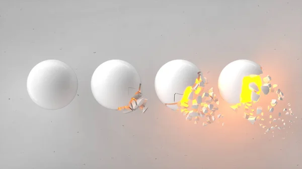 白色的背景上有橙色发光的白色球体和掉落的碎片 破坏的概念 抽象3D 渲染插图 — 图库照片