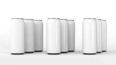 Beyaz arka plan üzerinde beyaz gazoz teneke ham. İçecek mockup. Bira veya içecek teneke paketi. 3D render illüstrasyon