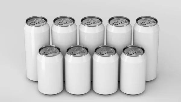 Grote Kleine Witte Soda Blikjes Staande Twee Raws Witte Achtergrond — Stockfoto