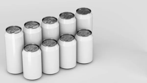 Grandes Pequenas Latas Refrigerante Branco Duas Raws Sobre Fundo Branco — Fotografia de Stock