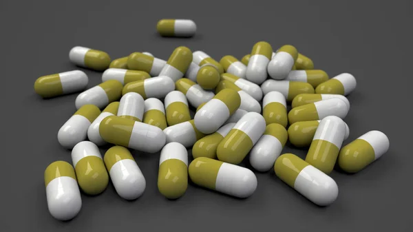 Куча Белых Желтых Капсул Медицины Черном Фоне Медицинская Медицинская Фармацевтическая — стоковое фото