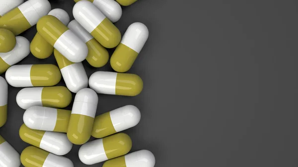 一堆白色和黄色的药物胶囊在黑色的背景 医疗或药学的概念 渲染插图 — 图库照片