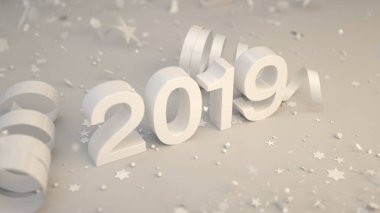 Beyaz 2019 konfeti ve serpantin siyah arka plan üzerine numara. 2019 yeni yıl işareti. 3D render illüstrasyon