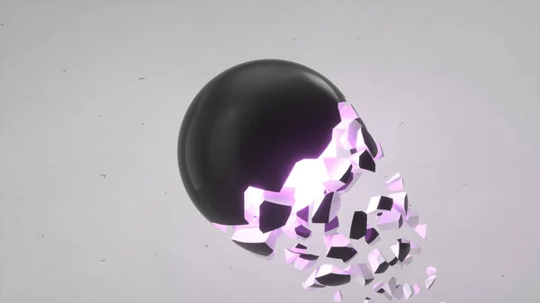 Fractured black sphere with purple glow inside and falling pieces on white background. Concept of destruction. Abstract 3D rendering illustration.
