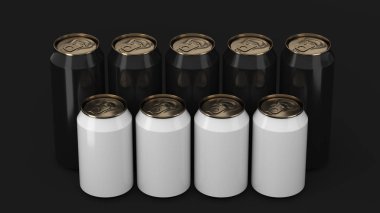 Büyük ve küçük siyah beyaz gazoz siyah arka plan üzerine iki raws ayakta kutular. İçecek mockup. Bira veya içecek teneke paketi. 3D render illüstrasyon