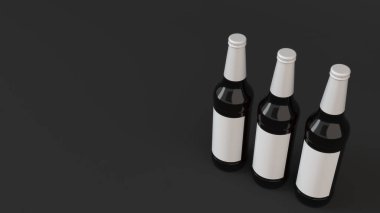 Kadar üç uzun kahverengi bira şişe 0,5 l siyah arka plan üzerine beyaz boş etiketlerle ilgili alay et. Tasarım veya marka şablonu. 3D render illüstrasyon
