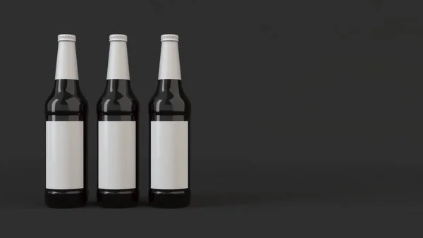 Maquette Trois Grandes Bouteilles Bière Brune Avec Des Étiquettes Blanches — Photo