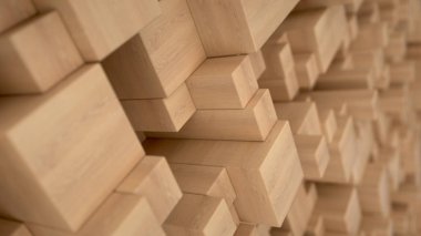 Desen ahşap küpleri farklı boyutlarda. Soyut geometrik 3d arka plan. 3D render illüstrasyon